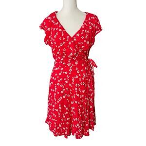Draper James RSVP Womens Medium Wrap Dress Red Floral Sleeveless Rayon Flowy